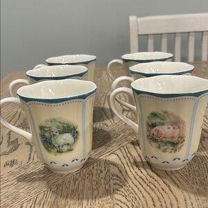 Lenox Provençal Garden Cream and Blue Animal Print Mugs, Sheep and Pi Set of 6